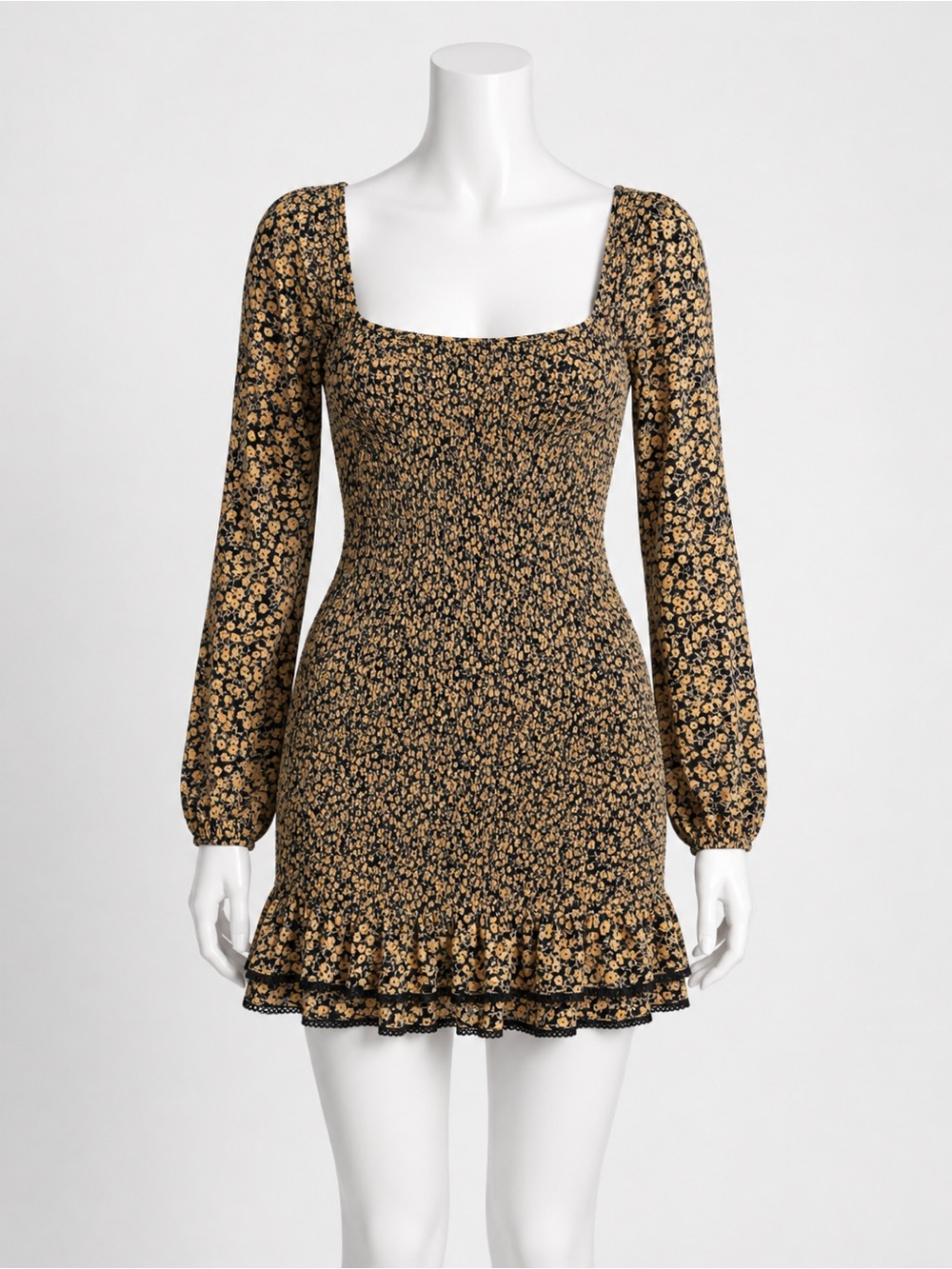 Smocked Floral Long-Sleeve Mini Dress - Black/Gold